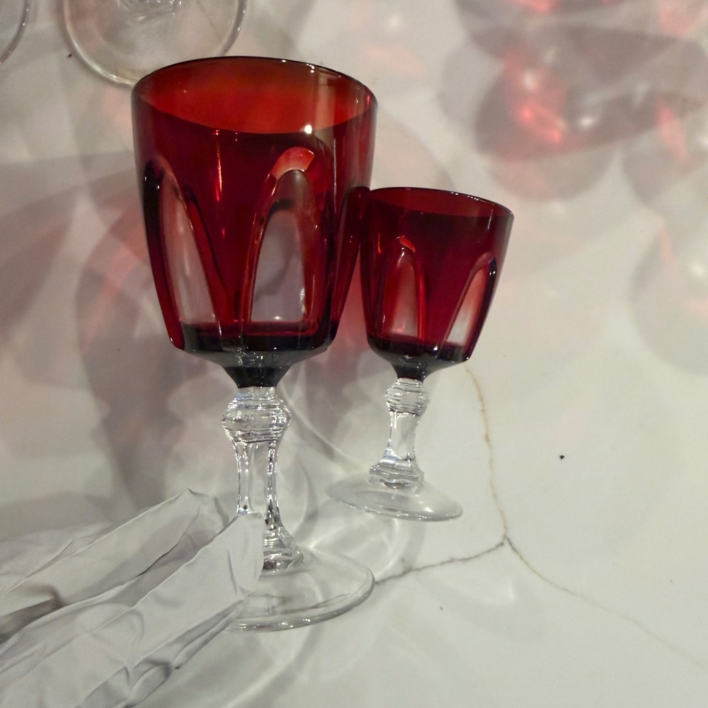 Cristal D'Arques Durand Rublix Cut Ruby Red Glass Vintage Goblets Cordials Set